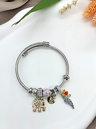 Pembe Fil ve Kanat Detaylı Çelik Pandora