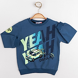 Düz Yakalı Baskılı Sweat İndigo