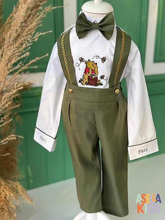 Erkek Çocuk Yeşil Salopet Takım - Winnie The Pooh Nakış