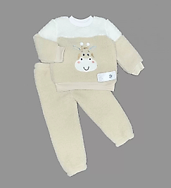 1-2-3 Yaş Ponponlu Zürafa Desenli Kuzu Kumaş Uzun Kollu 2li Kız Erkek Çocuk Takımı Bej