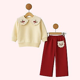 Kız Çocuk 2-6 Yaş Yaka Detaylı Alt Üst İkili Takım