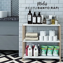 Melis 3 Katlı Ahşap Banyo Rafı / Dekoratif Raf / Çok Amaçlı Kullanım ( Beyaz )