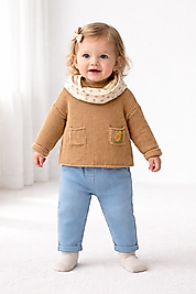 Kız Bebek Triko Kazak & Pantolon Takım + Desenli Fular (9-24 Ay)