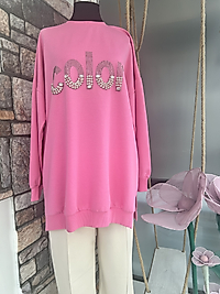 Color Taşlı Sweat Fuşya