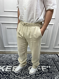 Keten Baggy Jogger Pantolon Krem - Wng