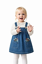 1-4 Yaş Kız Bebek Nakışlı Kot Jile Elbise & Gömlek Takım