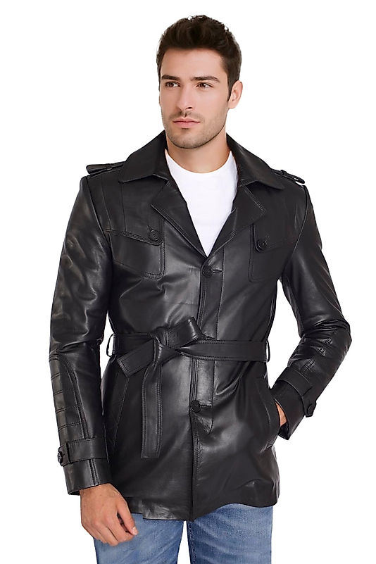 Valdes Hakiki Deri Erkek Siyah Kuşaklı Trençkot