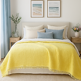 Müslin %100 Pamuk Yatak Örtüsü Limon Sarısı Renk 4 Katlı Çift Kişilik 240x230 cm.