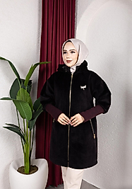 Tay Tüyü Angora triko Kol detaylı kaban Mürdüm renk