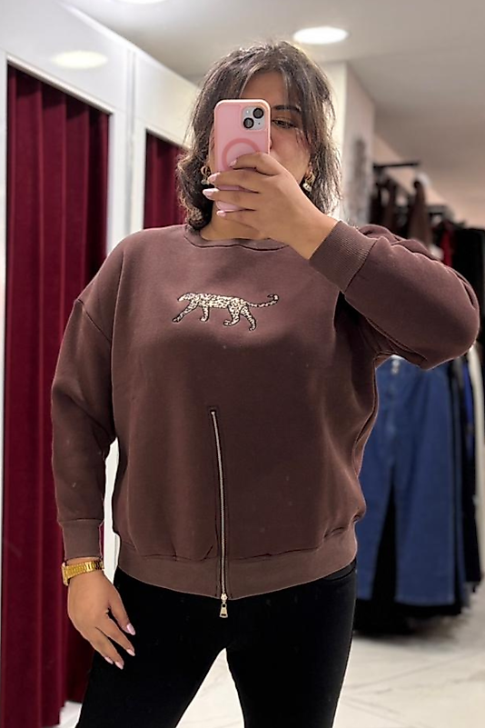 Kahve Leopar Desenli Fermuar Detaylı Sweatshirt