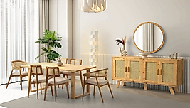 Natural Ahşap Hasırlı Yemek Odası Takımı – Şıklık ve Doğallığın Buluştuğu Takım ✨