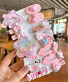 Happy Yazı ve Beş Yapraklı Yonca Detaylı Hello Kitty Temalı Pembe Renkli Çocuk Set Toka