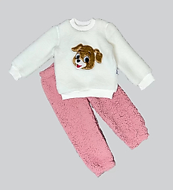 1-2-3 Yaş Mutlu Köpekcik Nakışlı Kuzu Kumaş Sweat Patili Pantolon Uzun Kollu Kız Erkek 2 Li Takımı Gül Kurusu
