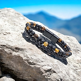 Kaplan Gözü Doğaltaşlı Deri Bileklik