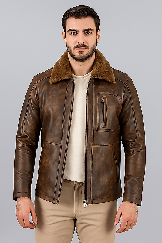 Carlos Hakiki  Deri Erkek Seyyar Kürk Yaka Mont