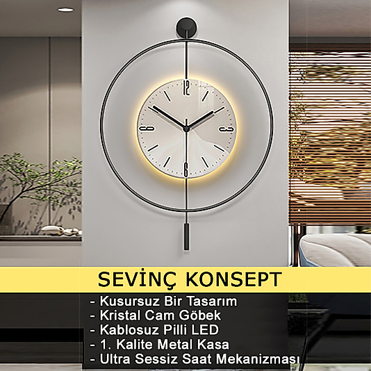 LED'li SİYAH Tiktok (BÜYÜK BOY 50x75 CM) Nano Kırılmaz ABS Göbek, Modern Dekoratif Sarkaçlı Metal Duvar