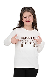 Kız Çocuk Uzun Kollu Bisiklet Yaka "Ramazan Kerim" Baskılı Tişört Mevsimlik Pamuklu