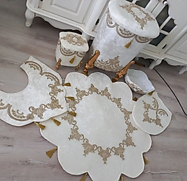 Krem Rengi Gold Detaylı Çeyizlik Kirli Sepeti Takımı Ve  Banyo Paspas Takımı