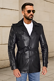 Valdes Hakiki Deri Erkek Siyah Kuşaklı Trençkot