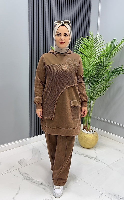 İthal Pamuk File Detaylı Kadın Takım – Kahverengi