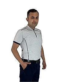 Gri Renk Lacivert Çizgili İş Tişörtü