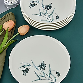 6 Adet Premium Porselen Mavi Çiçek Desenli Pasta Tabağı
