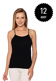 Gümüş 4023 Kadın Ribana ( Likralı ) İp Askı Düz Biye Atlet Siyah 12 li Paket