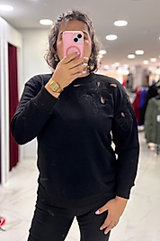 Siyah Omuz Detaylı Triko Sweatshirt