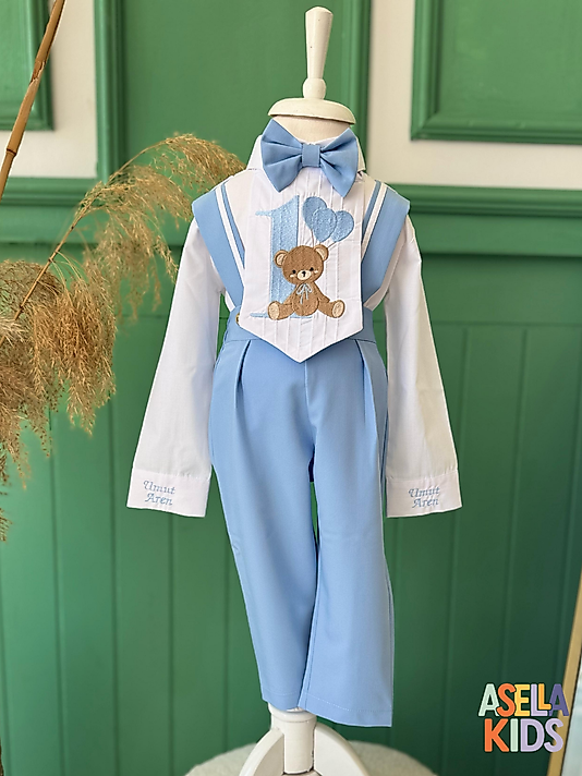 Erkek Çocuk Bebe Mavisi Salopet Takım - Baby Bear 1 Nakış İşlemeli Önlük