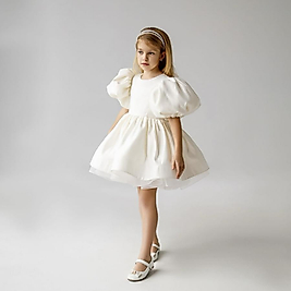 Kısa Kollu Kabarık Balerin Kız Çocuk Elbisesi Ekru