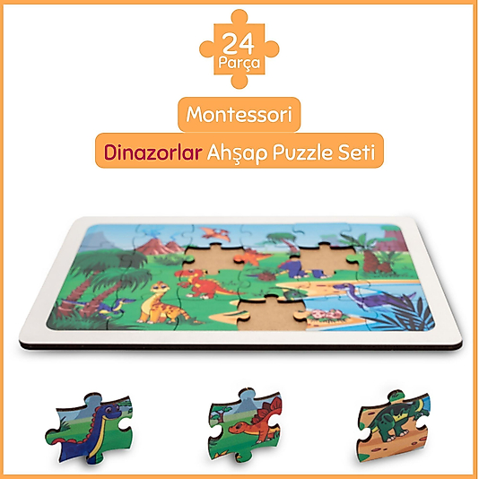 Montessori Dinazorlar 24 Parça Ahşap Puzzle Seti