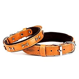 Doggie Konforlu Gerçek Deriden El Yapımı Kemik Süslü Köpek Boyun Tasması 2x35-40 Cm Camel
