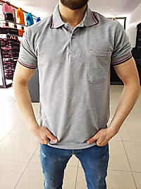 STAR Pamuk Penye Kumaş GRİ Polo Yaka Kırmızı Siyah Biyeli