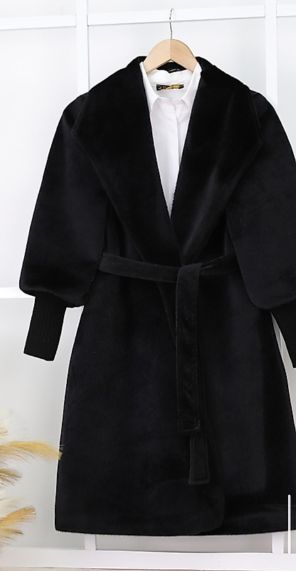 Kolu Ribanalı Şal Yaka Astarlı kaşe Kaban Siyah Renk