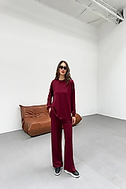 Oysho Kumaş Düşük Kol Bordo İkili Takım
