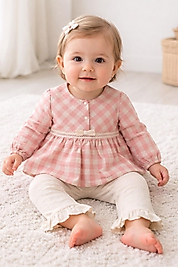 Pembe Ekose Dantel Detaylı Kız Bebek 2’li Takım (Bluz + Pantolon)