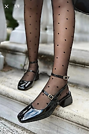 Kadın Rugan Siyah Arkası Açık Kare Burunlu Baretli Kısa Blok Topuklu Ayakkabı Günlük