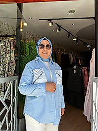 TAŞLI KETEN GÖMLEK - MAVİ