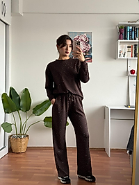 Taş detay oyşo takım - kahverengi