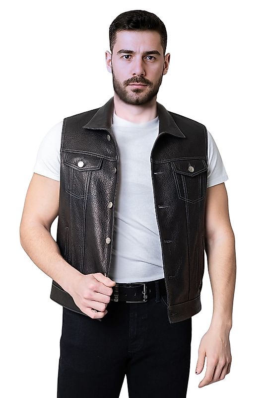 Arthur Hakiki Jumbo Deri Erkek Siyah Biker Motorcu Tarzı Yelek