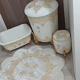 Krem Rengi Gold Detaylı Çamaşır Sepeti Takımı Ve Paspas Takımı