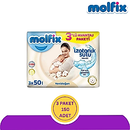 Molfix Yenidoğan Izotonik Sulu Doğal Pamuk Islak Havlu Mendil 50'li 150 Adet (3x50)