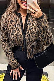 Şardonlu Triko Leopar Desenli Triko Hırka -Kahve