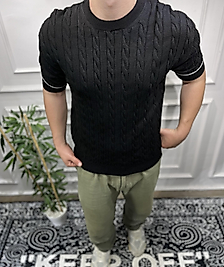 Örgü Desenli T-Shirt - Siyah