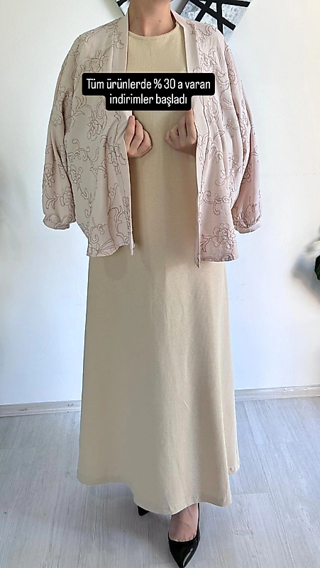 Nakışlı Ayrobin Kısa kimono krem kod:14