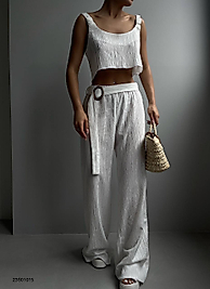 Crop Bluz Kemerli Pantolon Takım