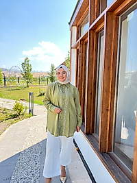 Önü Şerit Aplikeli Gömlek Çağla Yeşili