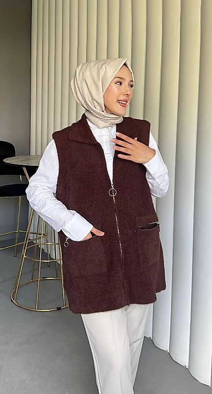 Angora Cepli Yelek Kahve Renk
