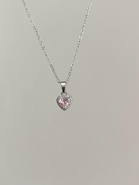 Çelik Pembe Taşlı Kalp Detaylı Silver Kolye