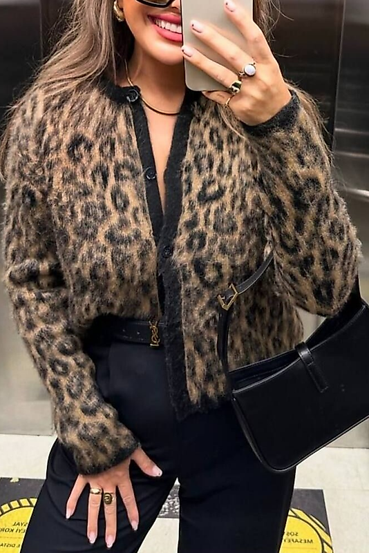 Şardonlu Triko Leopar Desenli Triko Hırka -Kahve